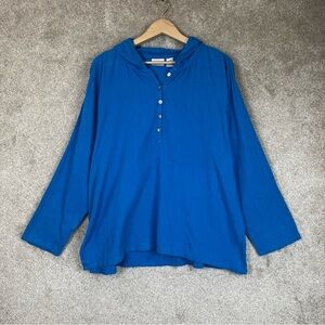 Chico’s Shirt Womens 3 Blue Cotton Hooded Long Sleeve Pullover Button Top- 4091